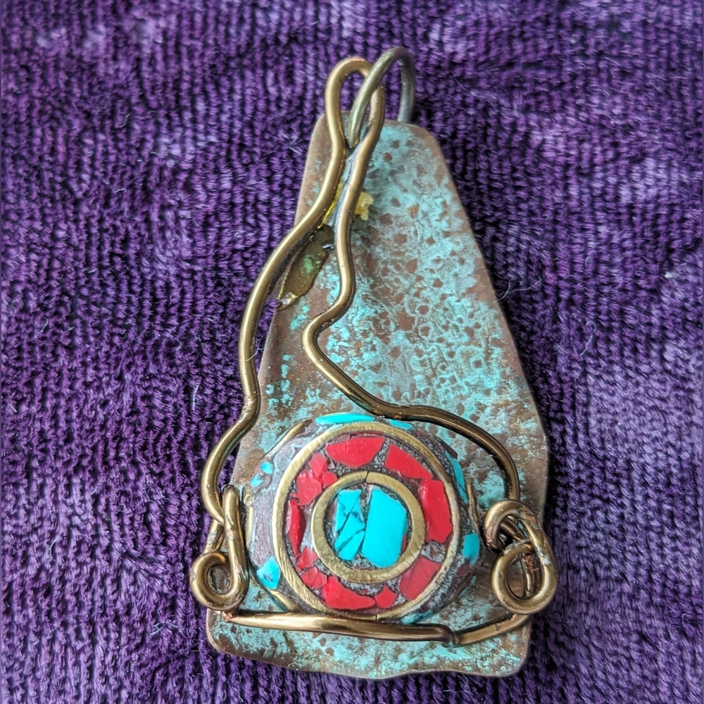 Vintage Artisan Handmade Pendant With Natural Turquoise And Coral